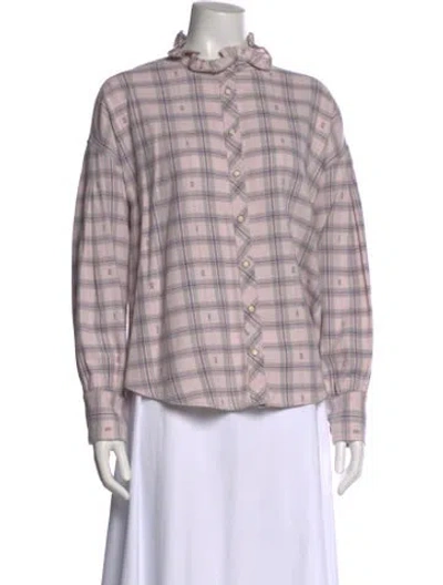 Pre-owned Xirena Plaid Print Mock Neck Button-up Top In Pink