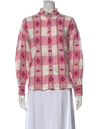 Pre-owned Xirena Plaid Print Mock Neck Button-up Top In Pink