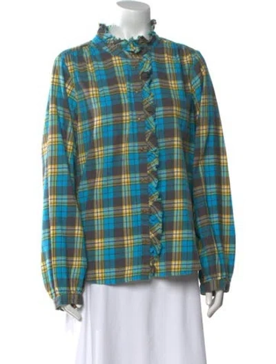 Pre-owned Xirena Plaid Print Mock Neck Button-up Top W/ Tags In Blue