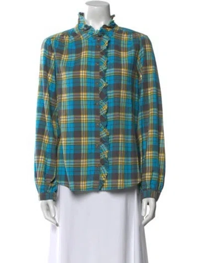Pre-owned Xirena Plaid Print Mock Neck Button-up Top W/ Tags In Blue