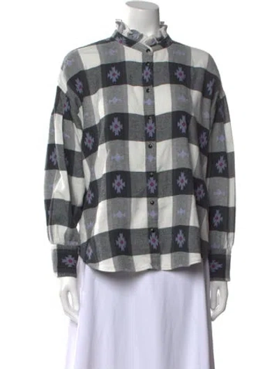 Pre-owned Xirena Plaid Print Mock Neck Button-up Top In White