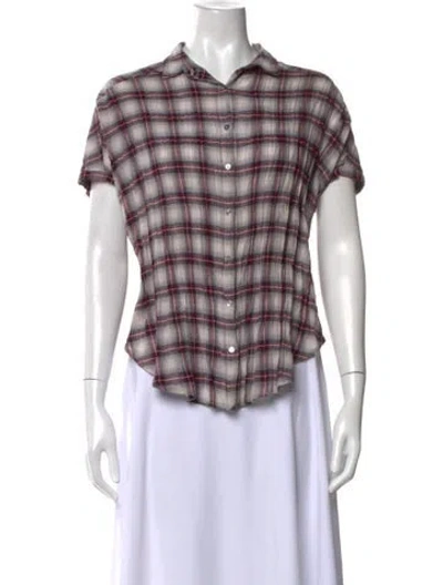 Pre-owned Xirena Plaid Print Short Sleeve Blouse In Red