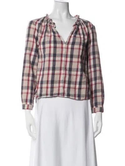 Pre-owned Xirena Plaid Print V-neck Blouse In White