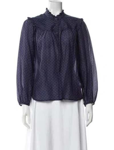 Pre-owned Xirena Printed Mock Neck Button-up Top In Blue
