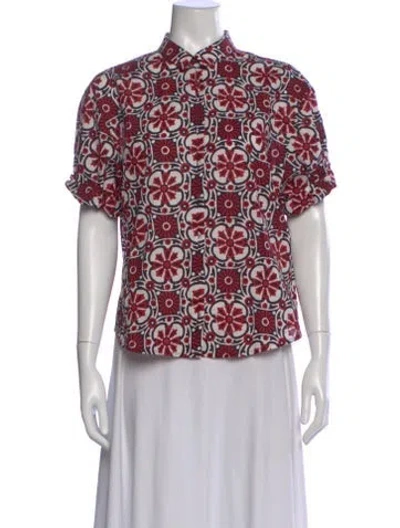Pre-owned Xirena Printed Short Sleeve Button-up Top In Red