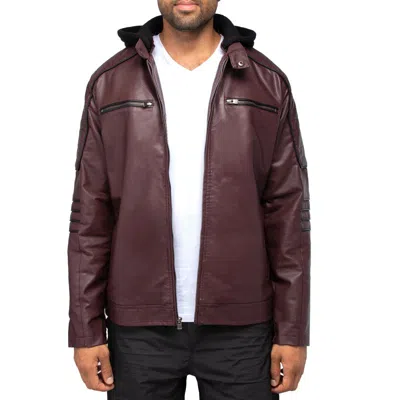X-ray Men's Grainy Polyurethane Moto Jacket With Hood And Faux Shearling Lining In Burgundy,black