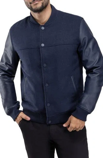 X-ray Xray Mixed Media Faux Leather Bomber Jacket In Blue
