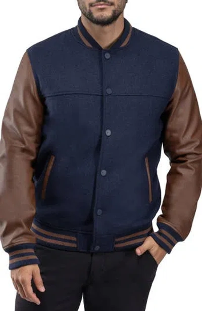 X-ray Xray Mixed Media Faux Leather Bomber Jacket In Navy/brown