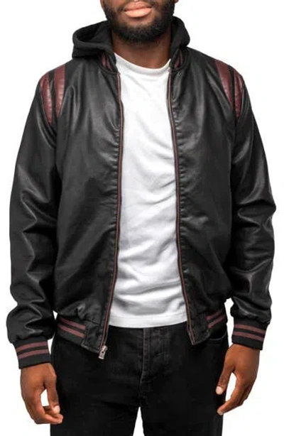 X-ray Xray Stripe Faux Leather Hooded Moto Jacket With Faux Fur Lining In Black/burgundy