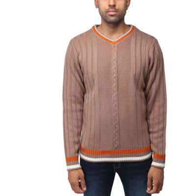 X-ray Tipped V-neck Cable Knit Pullover Sweater In Praline