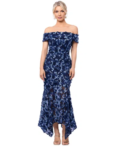 Xscape 3d-floral Off-the-shoulder Gown In Navy,blue
