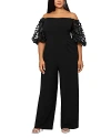 Xscape Plus Size Puffed-sleeve Off-the-shoulder Jumpsuit In Black