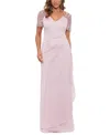 Xscape Lana Long V-neck Beaded Flutter Sleeve Dress In Rose In Rose