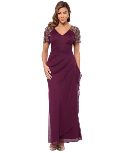Xscape Beaded-sleeve Gown In Wine