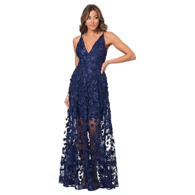 Xscape Dress Women's Navy Floral Soutache Mesh V-neck Party Cocktail Gbo1278 In Blue
