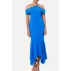Xscape Evening Cold Shoulder Handkerchief Hem Scuba Crepe Gown In Blue In Blue