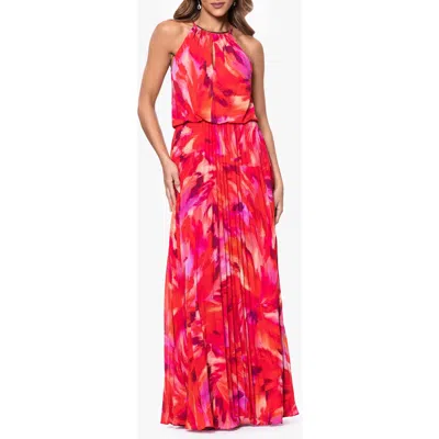 Xscape Evenings Abstract Floral Pleated Chiffon Gown In Red/pink
