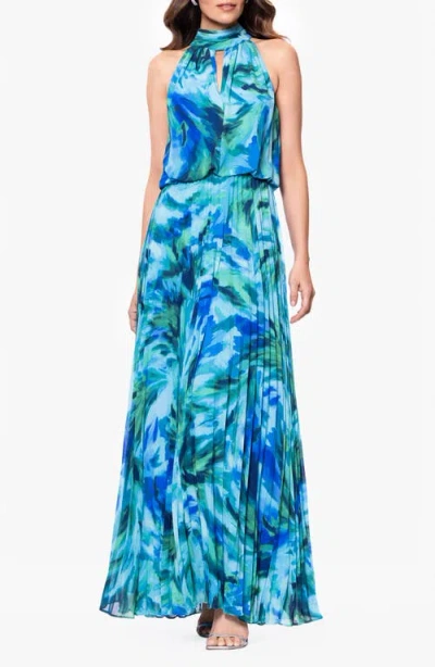 Xscape Evenings Abstract Floral Pleated Chiffon Gown In Turquoise/navy