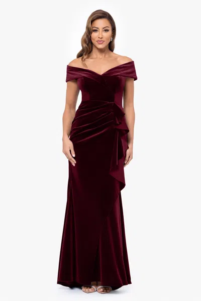 Xscape Evenings "alana" Long Off The Shoulder Velvet Ruffle Dress In Burgundy