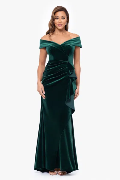 Xscape Evenings "alana" Long Off The Shoulder Velvet Ruffle Dress In Green