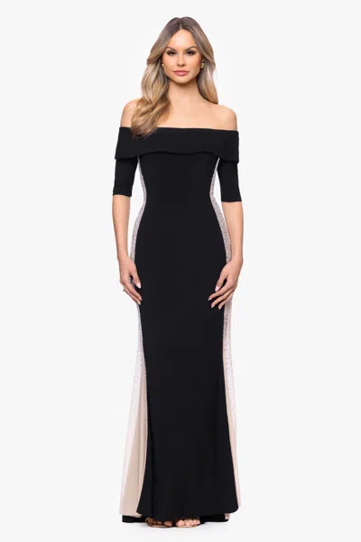 Xscape Evenings "alice" Jersey Knit Off The Shoulder Beaded Mesh Long Dress In Black
