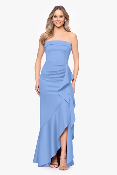 Xscape Evenings "alicia" Techno Scuba Strapless Ruffle Long Dress In Blue