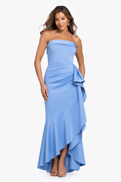 Xscape Evenings "alicia" Techno Scuba Strapless Ruffle Long Dress In Blue
