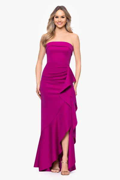 Xscape Evenings Cascade Ruffle Strapless Scuba Crepe Gown In Purple