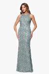 Xscape Evenings "andrea" Halter Neck Soutache Lace Floor Length Dress In Green