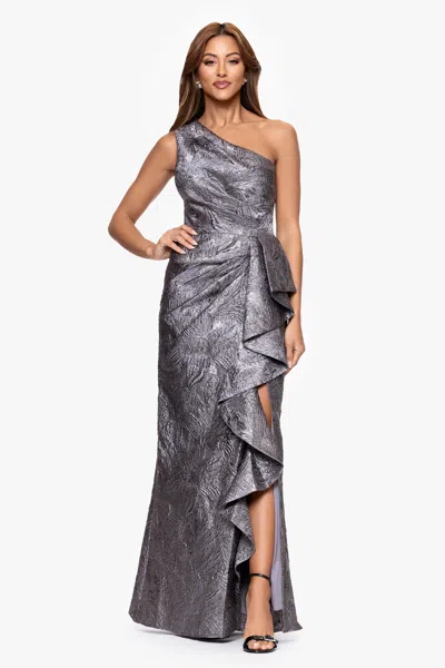 Xscape Evenings "angelina" Jacquard One Shoulder Ruffle Floor Length Dress In Gray
