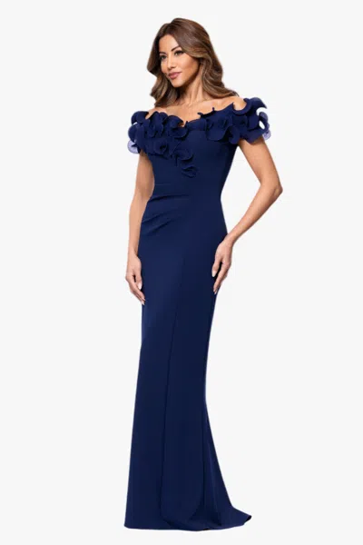 Xscape Evenings "anya" Scuba Crepe Off The Shoulder Chiffon Ruffle Neckline Floor Length Dress In Blue