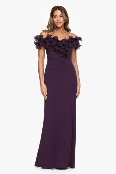 Xscape Evenings "anya" Scuba Crepe Off The Shoulder Chiffon Ruffle Neckline Floor Length Dress In Purple