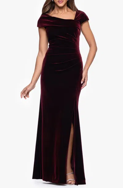 Xscape Evenings Asymmetric Neck Cap Sleeve Stretch Velvet Gown In Black