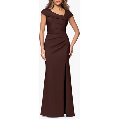 Xscape Evenings Asymmetric Neck Scuba Knit Trumpet Gown In Brown