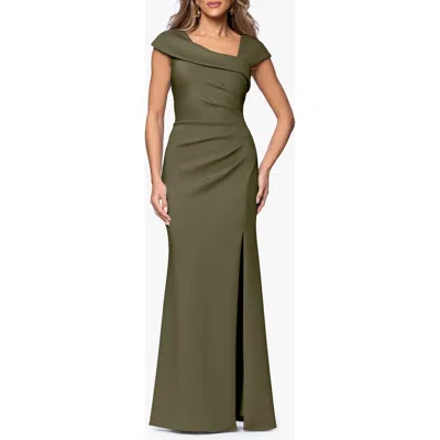Xscape Evenings Asymmetric Neck Scuba Knit Trumpet Gown In Green