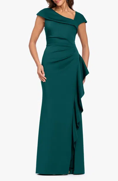 Xscape Evenings Asymmetric Neck Scuba Knit Trumpet Gown In Green