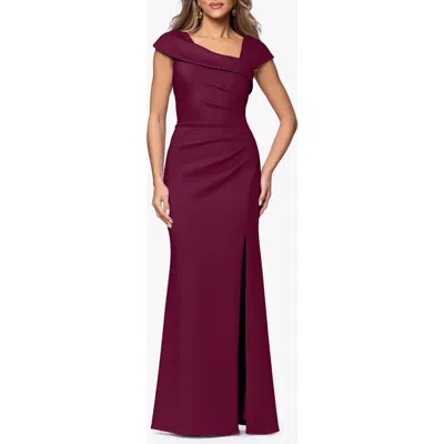 Xscape Evenings Asymmetric Neck Scuba Knit Trumpet Gown In Purple