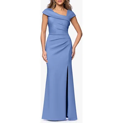 Xscape Evenings Asymmetric Neck Scuba Knit Trumpet Gown In Blue