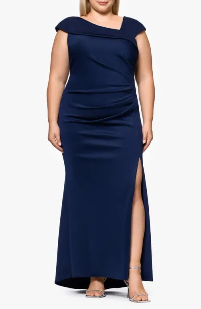 Xscape Evenings Asymmetric Neck Scuba Trumpet Gown In Midnight