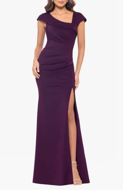 Xscape Evenings Asymmetric Neck Scuba Trumpet Gown In Plum