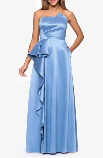 Xscape Evenings Asymmetric Strapless Stretch Satin Gown In Blue