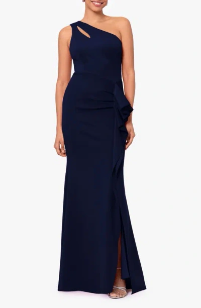 Xscape Evenings Asymmetric Trumpet Gown In Midnight