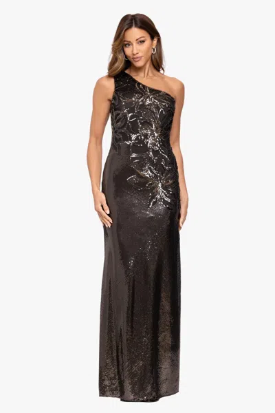Xscape Evenings "aubrey" Sequin One Shoulder Placement Dress In Black