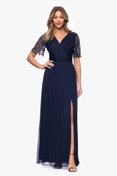 Xscape Evenings "aurelia" Sheer Jersey Mesh Beaded Sleeve Floor Length Dress In Blue