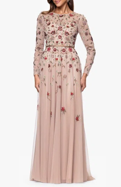 Xscape Evenings Beaded Long Sleeve Chiffon Gown In Pink