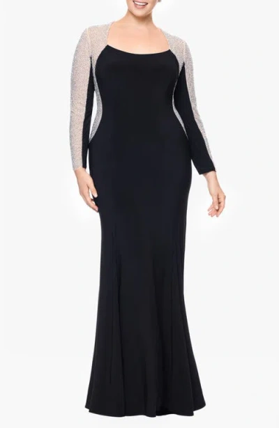 Xscape Evenings Beaded Long Sleeve Jersey Gown In Black/ Beige/ Silver