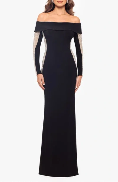 Xscape Evenings Beaded Long Sleeve Off The Shoulder Jersey Gown In Black/beige/silver