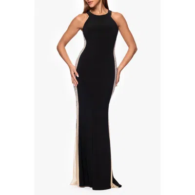 Xscape Evenings Beaded Mesh Detail Sleeveless Sheath Gown In Black
