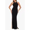 Xscape Evenings Beaded Mesh Detail Sleeveless Sheath Gown In Black/nude/silver