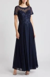 Xscape Evenings Beaded Mesh Gown In Blue